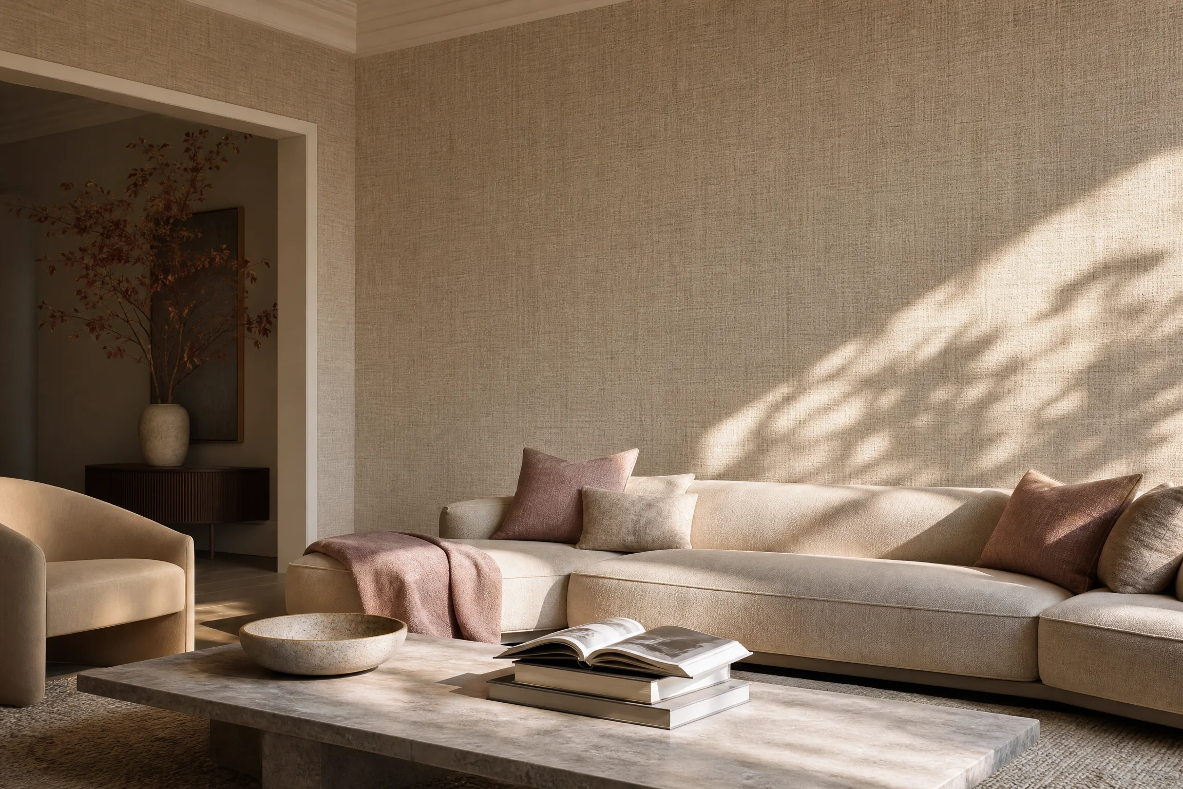 Classic living room feature wall with textured wallpaper