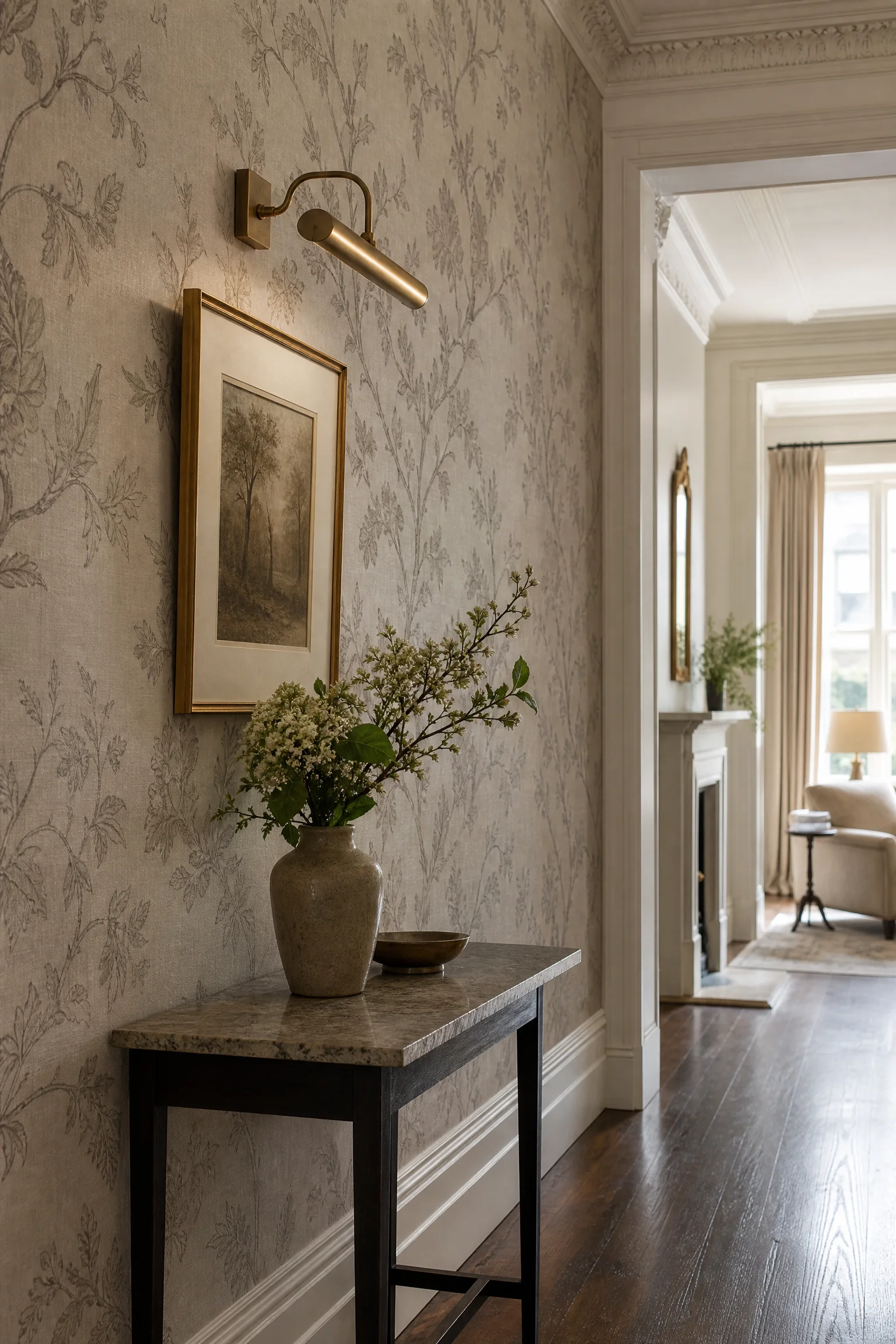 Timeless hallway design with classic wallpaper