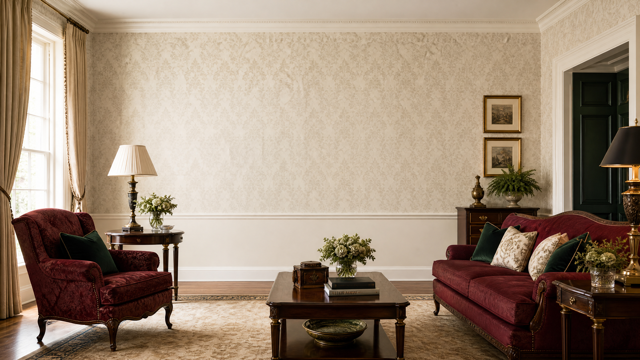 Classic interior featuring professionally installed heritage wallpaper by Woodacres Walls